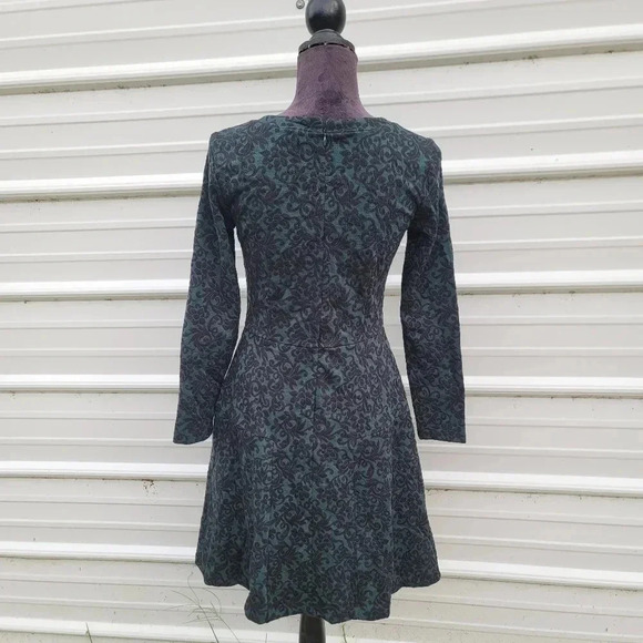 Loft Ann Taylor A-Line Floral Green Black Emerald Dress Long Sleeve Stretch Sz 4 - Picture 8 of 12